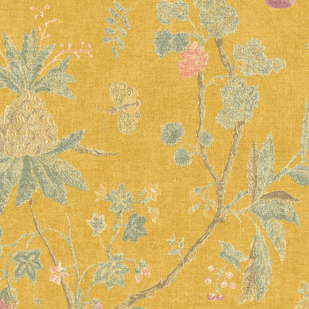 Baum wallpaper in Vintage Yellow by Natty & Polly, full pattern view