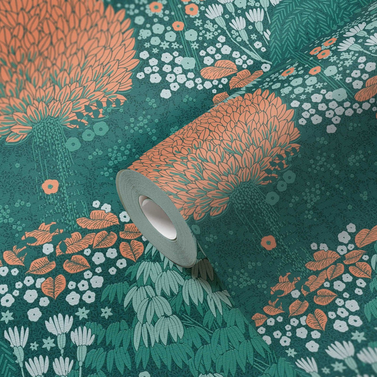 Weeping Tree wallpaper in Green / Orange by Natty & Polly, full pattern view