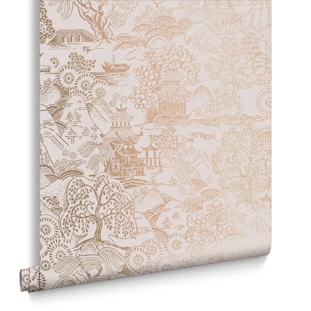 Basuto wallpaper in Pink / Rose Gold by Natty & Polly, styled in an interior