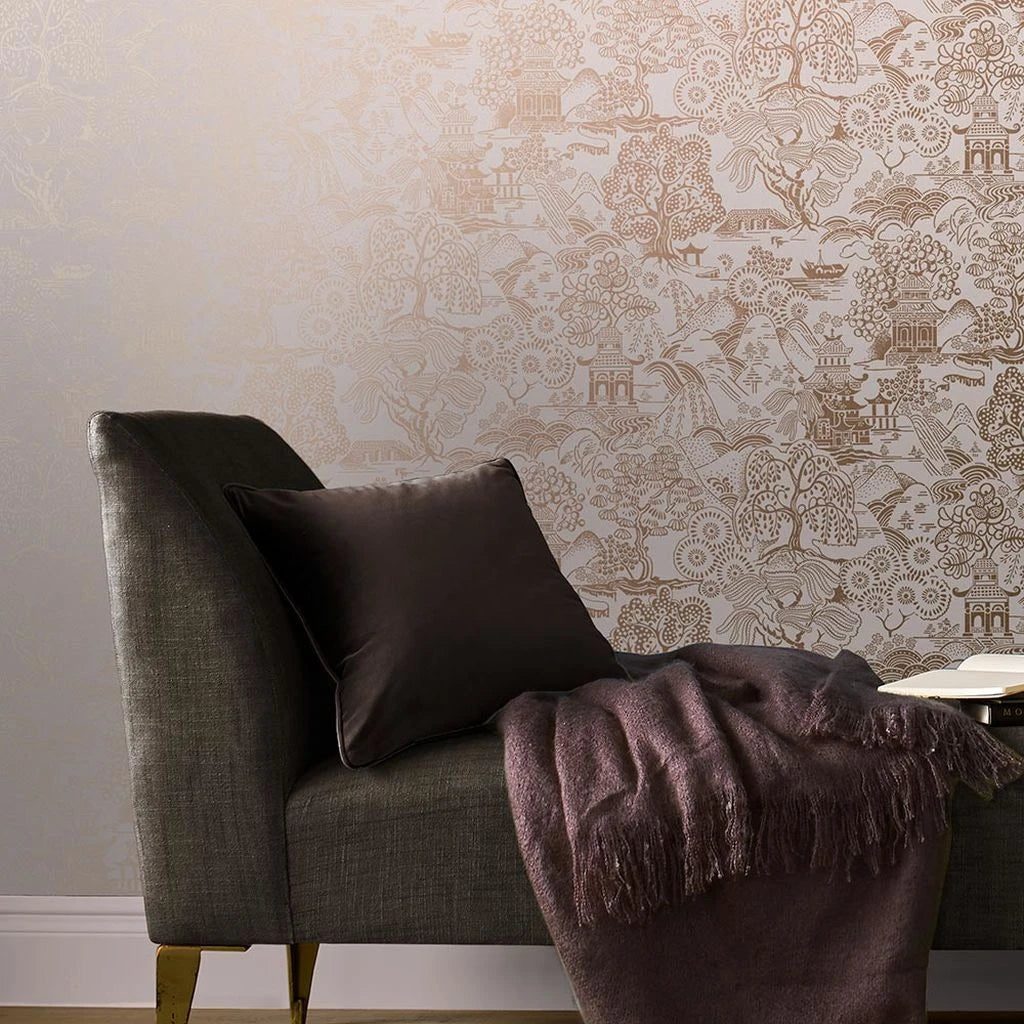 Basuto wallpaper in Pink / Rose Gold by Natty & Polly, styled in an interior