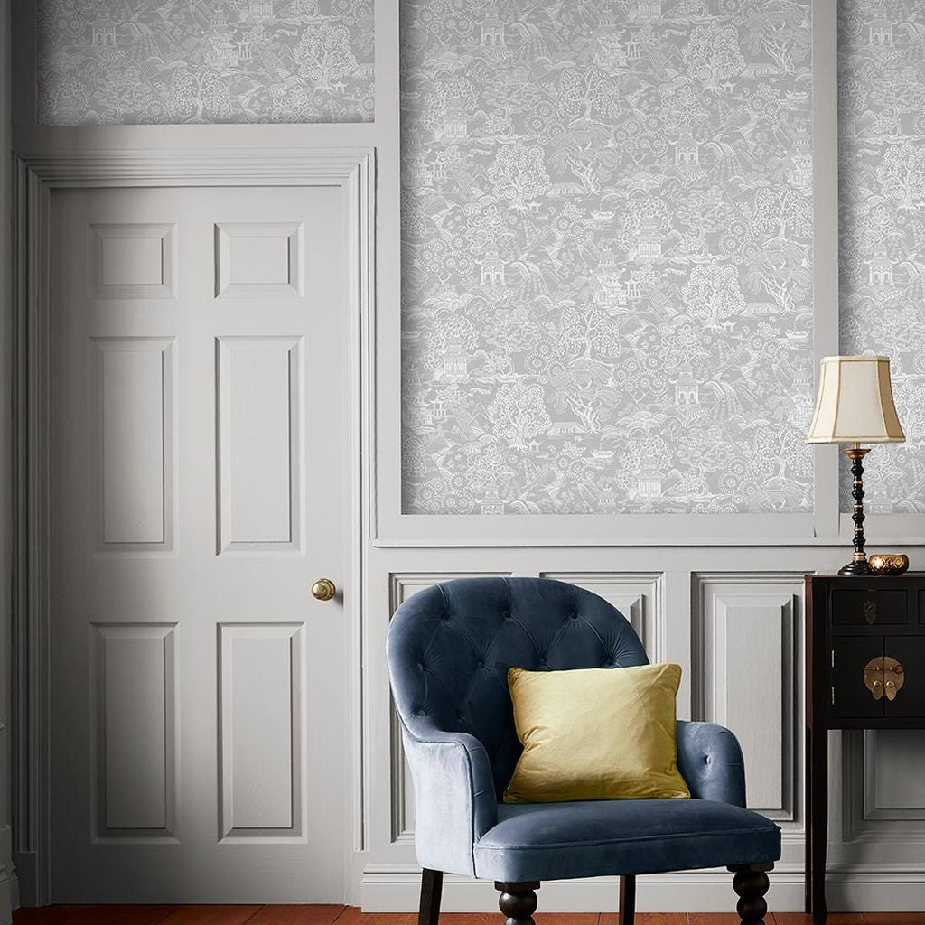Basuto wallpaper in Grey / White by Natty & Polly, styled in an interior
