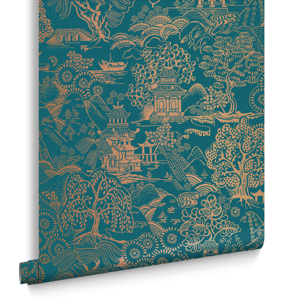 Basuto wallpaper in Teal / Copper by Natty & Polly, styled in an interior