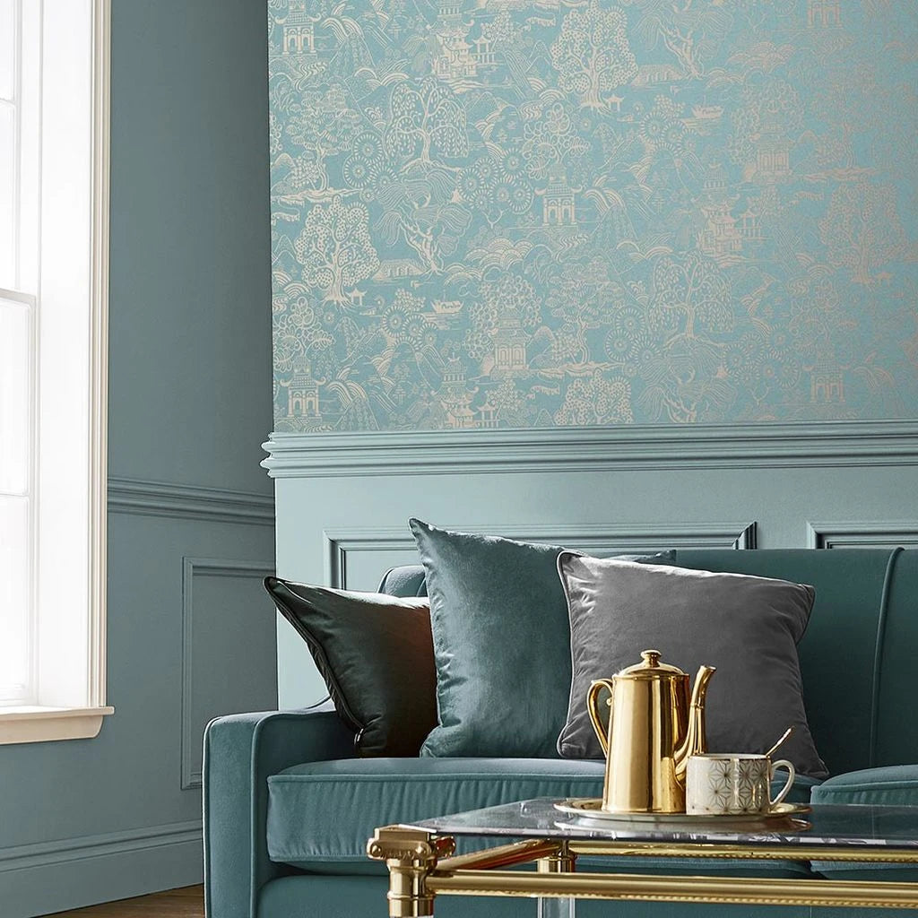 Basuto wallpaper in Duck Egg / Metallic by Natty & Polly, styled in an interior