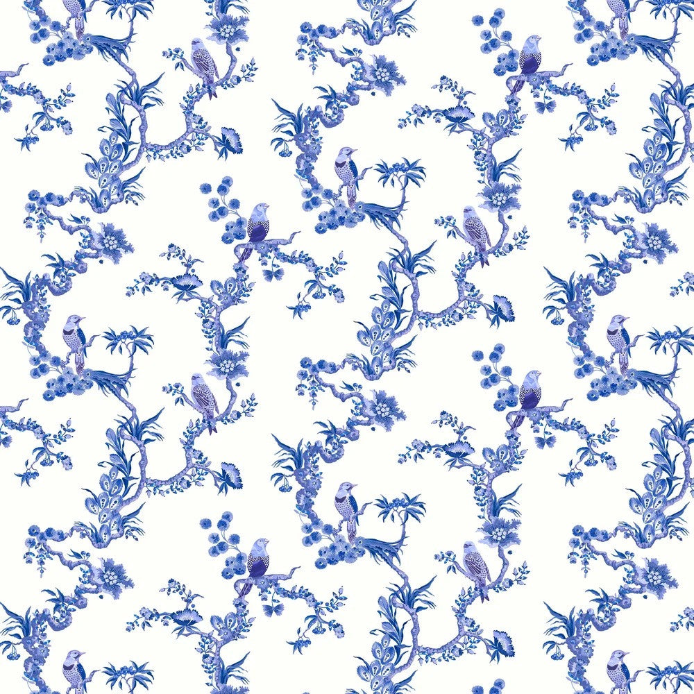 Birds & Berries wallpaper in Blue by Natty & Polly, full pattern view