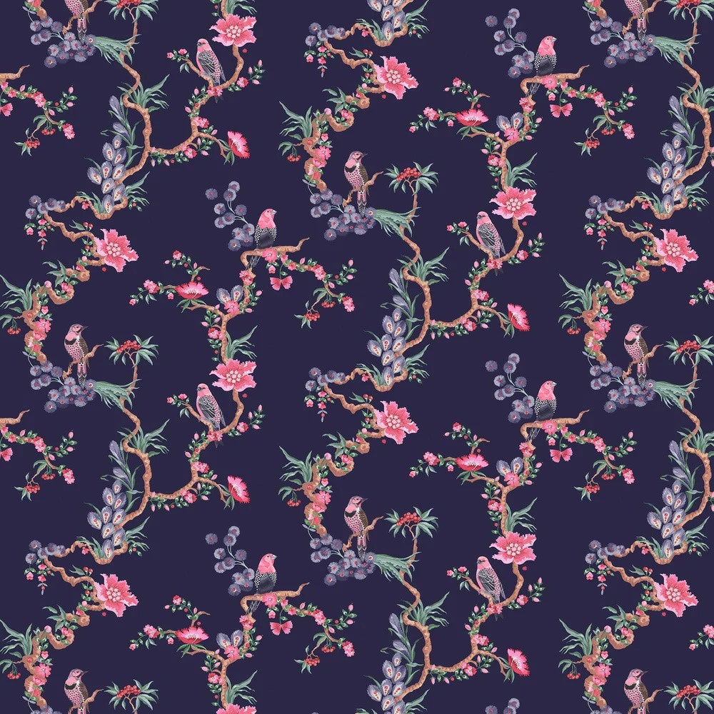 Birds & Berries wallpaper in Navy by Natty & Polly, full pattern view