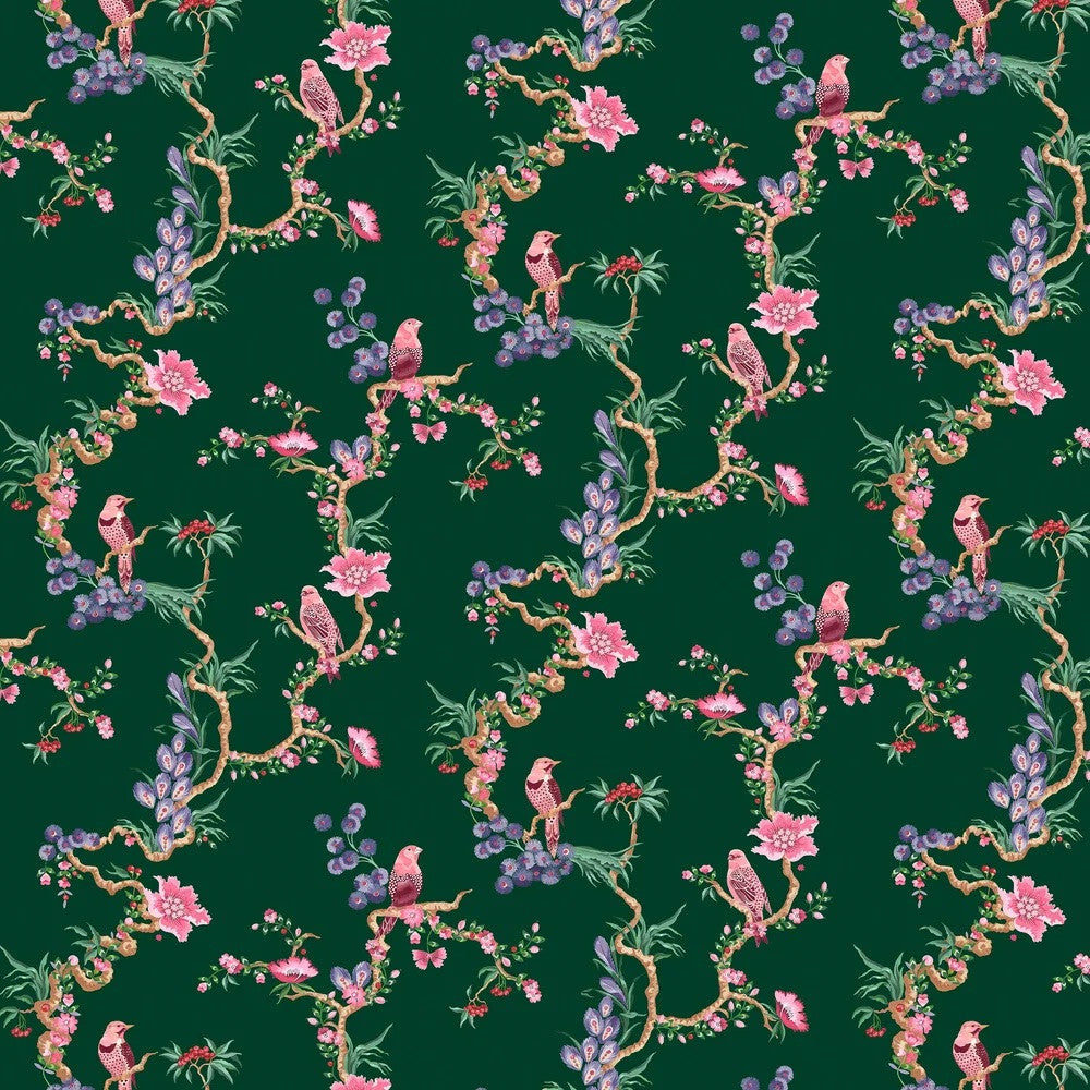 Birds & Berries wallpaper in Emerald by Natty & Polly, full pattern view