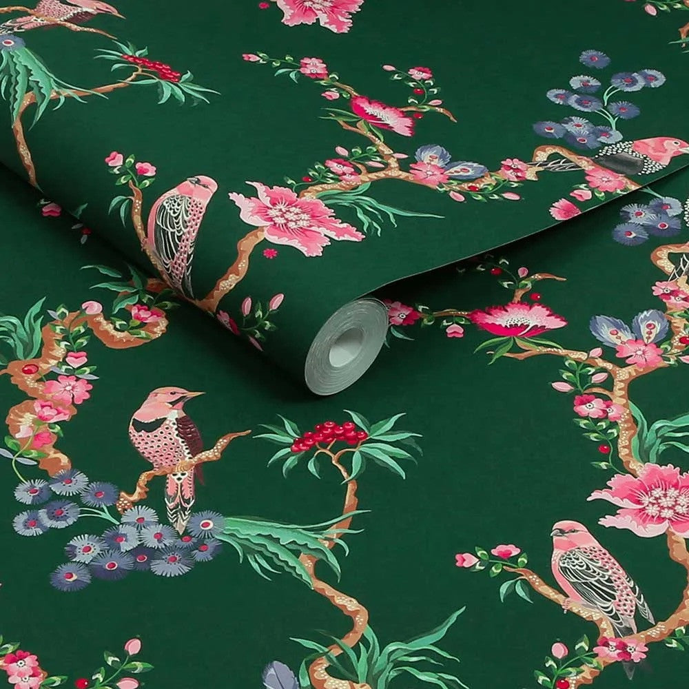 Birds & Berries wallpaper in Emerald by Natty & Polly, styled in an interior