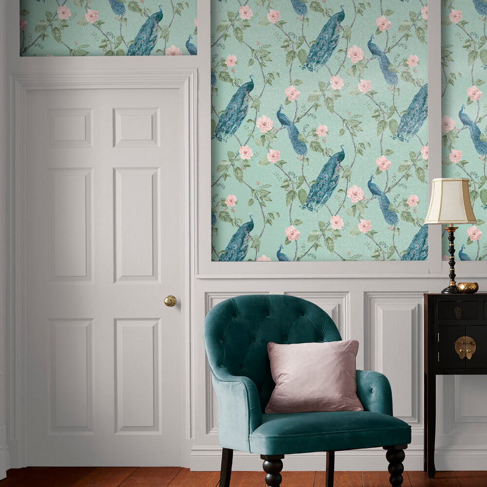 Resplendance wallpaper in Aqua by Natty & Polly, full pattern view