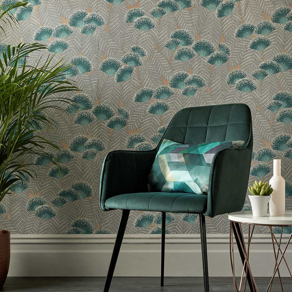 Clarice wallpaper in Emerald by Natty & Polly, full pattern view