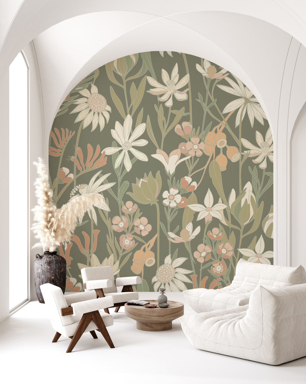 Bushwalk wallpaper mural in Moss by Natty & Polly, Australian native flora and fauna, styled in an interior