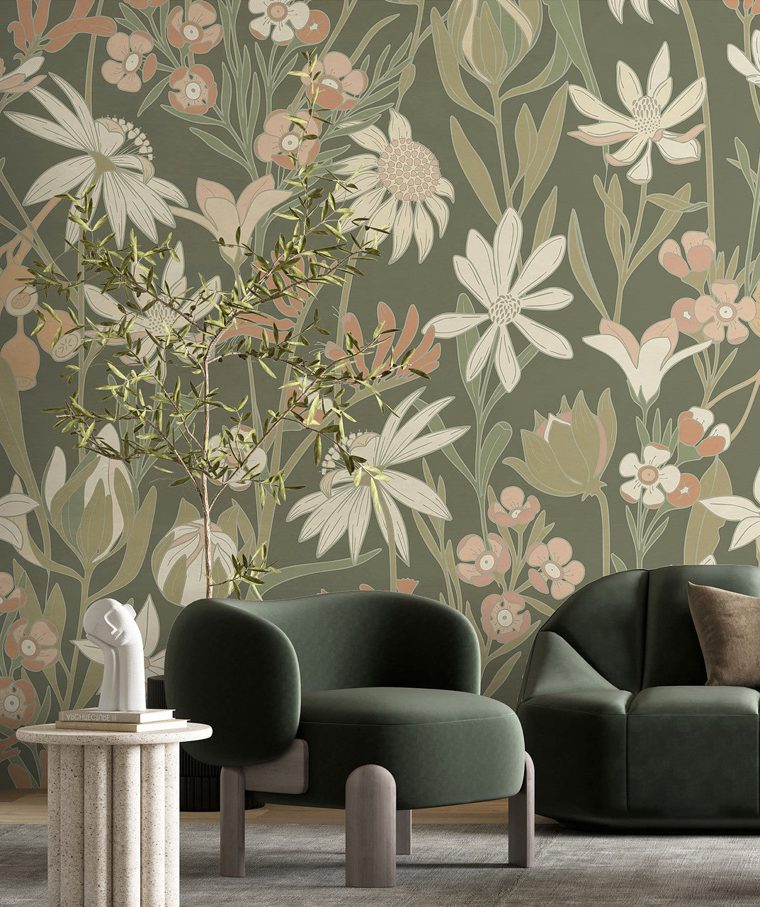 Bushwalk wallpaper mural in Moss by Natty & Polly, Australian native flora and fauna, styled in an interior