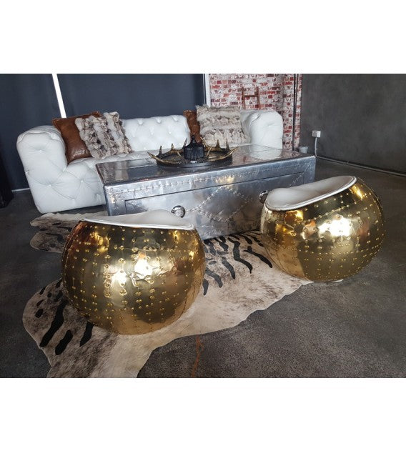 Belle X-1 Polished Brass and White Leather Aviator Spitfire Small Cocoon Stool, Cocolea, , ,