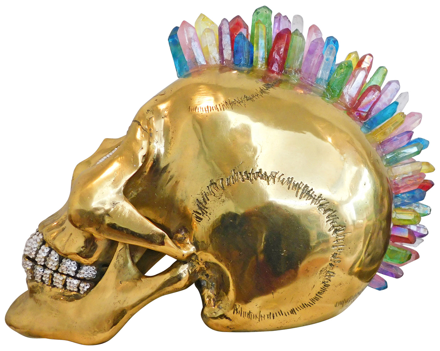Brass Skull Art Sculpture with Crystal and Quartz Stone - Rainbow Mohawk, Cocolea, , ,