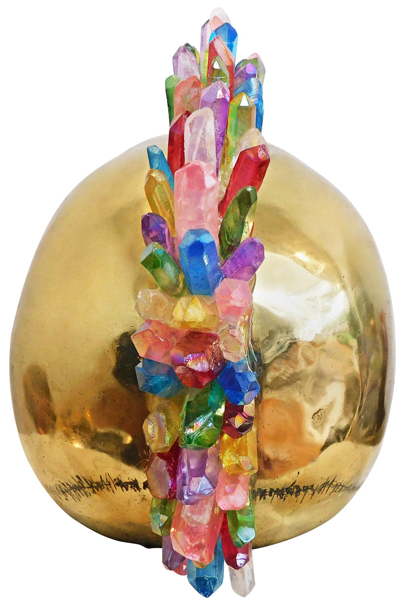 Brass Skull Art Sculpture with Crystal and Quartz Stone - Rainbow Mohawk, Cocolea, , ,