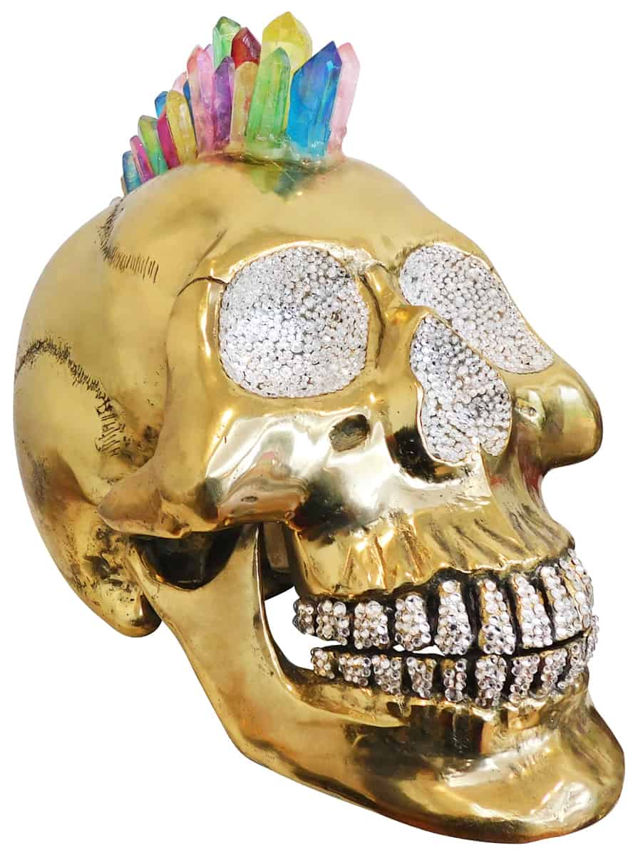 Brass Skull Art Sculpture with Crystal and Quartz Stone - Rainbow Mohawk, Cocolea, , ,