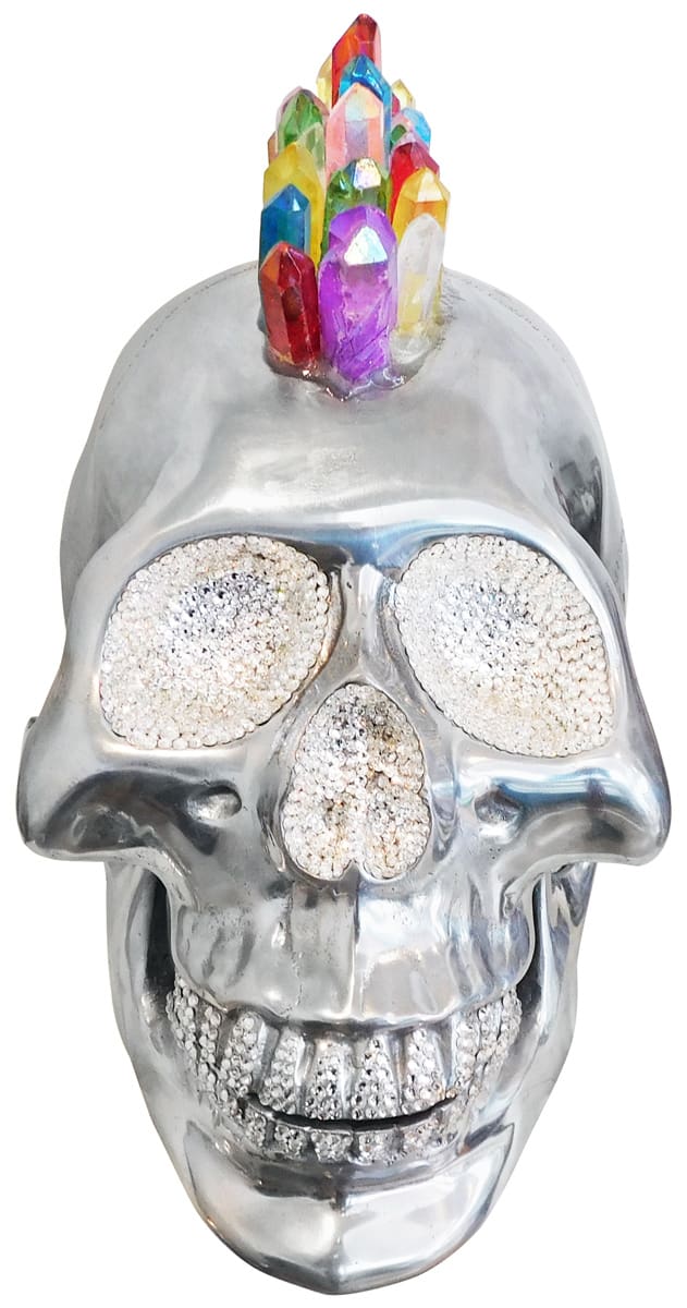 Aluminium Skull Art Sculpture with Crystal and Quartz Stone - Rainbow Mohawk, Cocolea, , ,