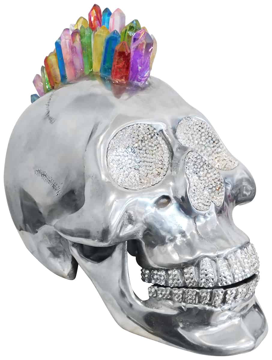 Aluminium Skull Art Sculpture with Crystal and Quartz Stone - Rainbow Mohawk, Cocolea, , ,