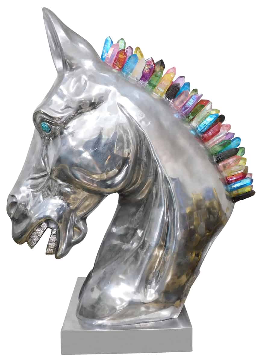 Calu Aluminium Horse Sculpture with Crystal and Quartz Stone, Cocolea, , ,