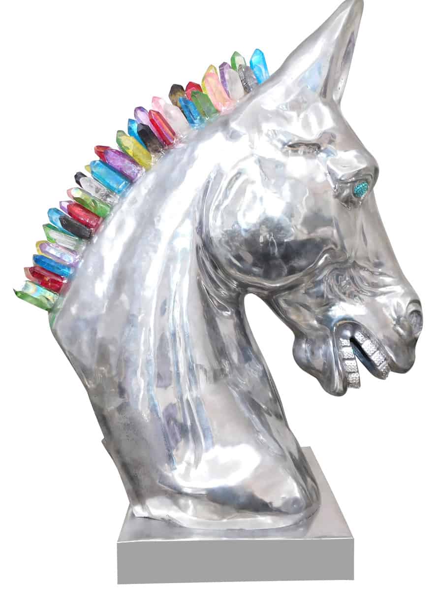 Calu Aluminium Horse Sculpture with Crystal and Quartz Stone, Cocolea, , ,