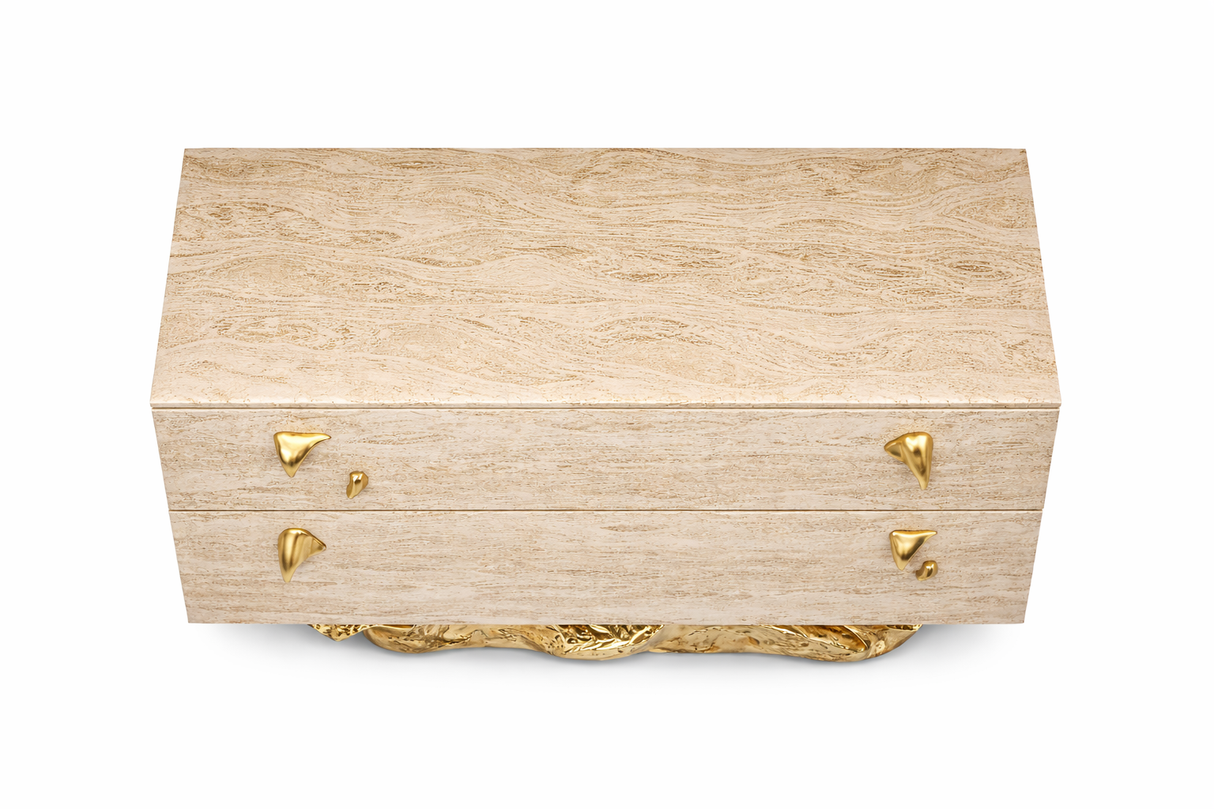 Incanto Travertine Veneer Luxury Bedside Table with Gold Leaf Detail | Designer Stone Nightstand