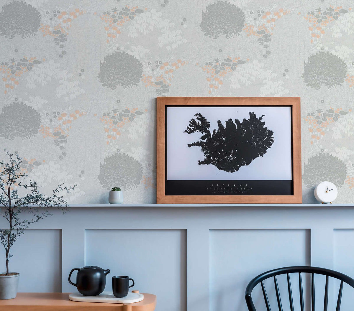 Weeping Tree wallpaper in Grey by Natty & Polly, full pattern view