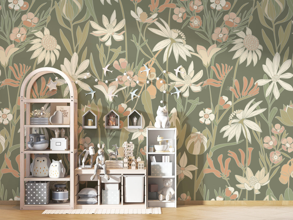 Bushwalk wallpaper mural in Moss by Natty & Polly, Australian native flora and fauna, styled in an interior