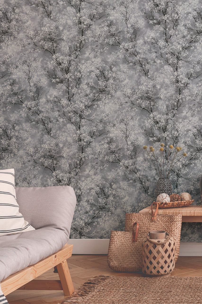 Chinoiserie Tree wallpaper in Dark Grey by Natty & Polly, styled in an interior