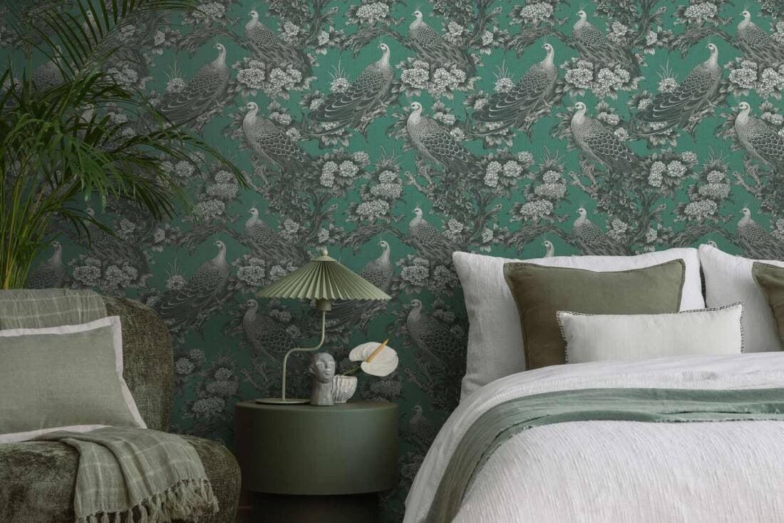Phasianus Wallpaper, Cocolea Natty & Polly, Green / Black, Per roll (53 cm × 10 m),