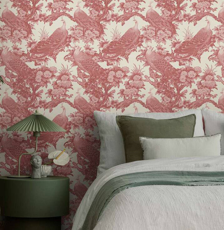 Phasianus Wallpaper, Cocolea Natty & Polly, Crimson, Per roll (53 cm × 10 m),