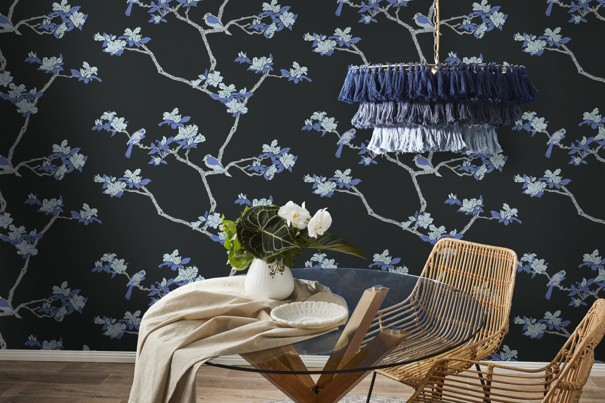 Azalea wallpaper by Natty & Polly, styled in a dining room