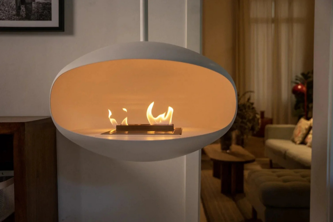 Cocoon Aeris Hanging Ethanol Fireplace – Matt White with White Standard Hanging Pole, Cocolea, , ,