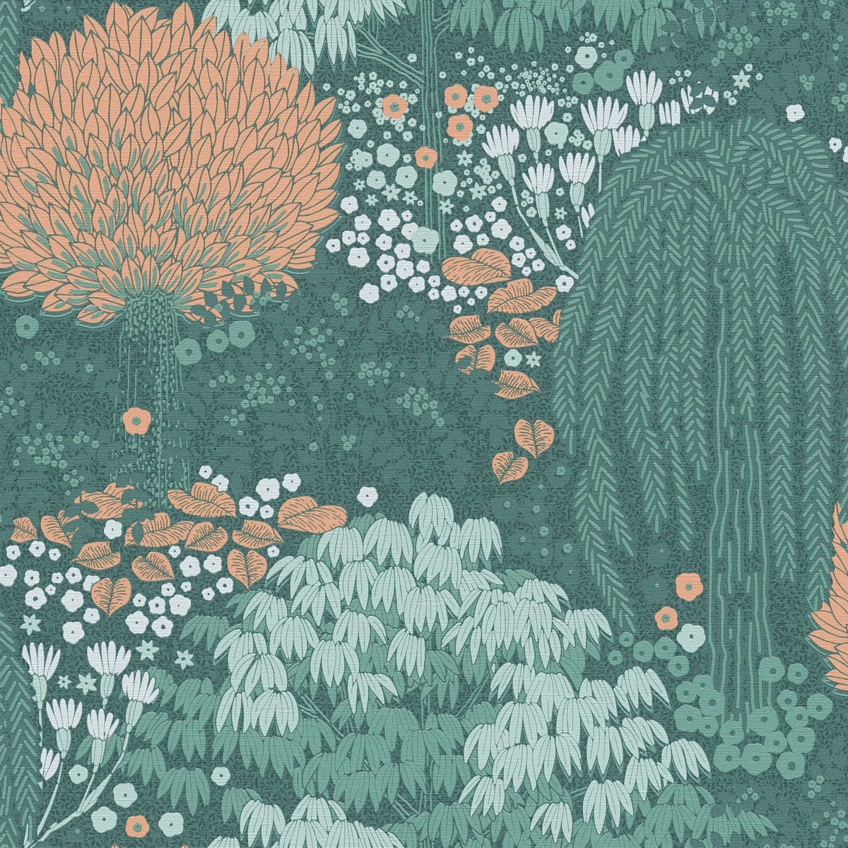 Weeping Tree wallpaper in Green / Orange by Natty & Polly, full pattern view