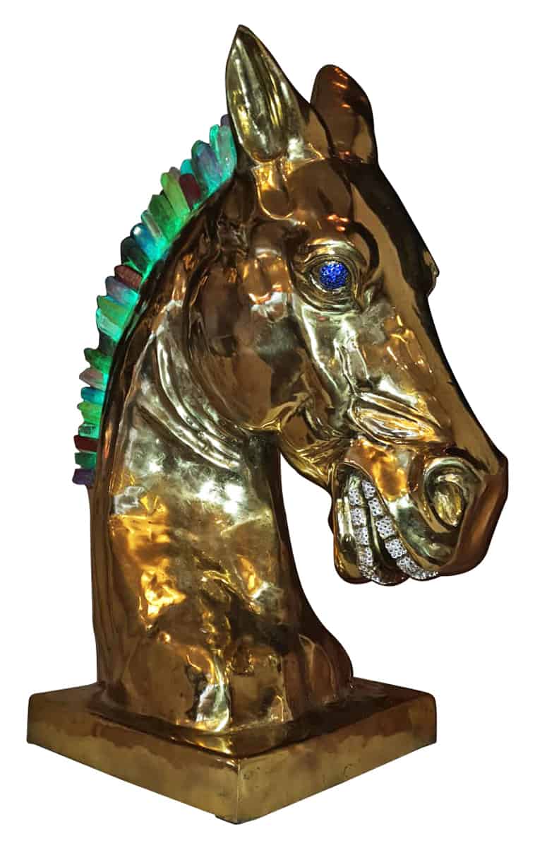 Calu Brass Horse Sculpture with Crystal and Quartz Stone, Cocolea, , ,