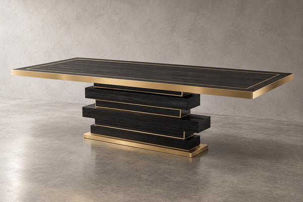 Strata Flush Brass Inlay Dining Table in Black Veneer with Pedestal Base – CUSTOMISE, Cocolea, , ,