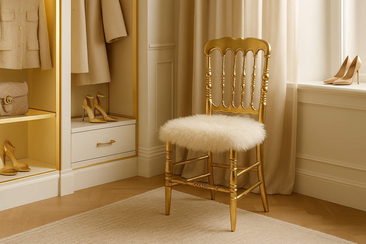 Mongolian Fur Dressing Chair in Brass Frame, Cocolea, , ,