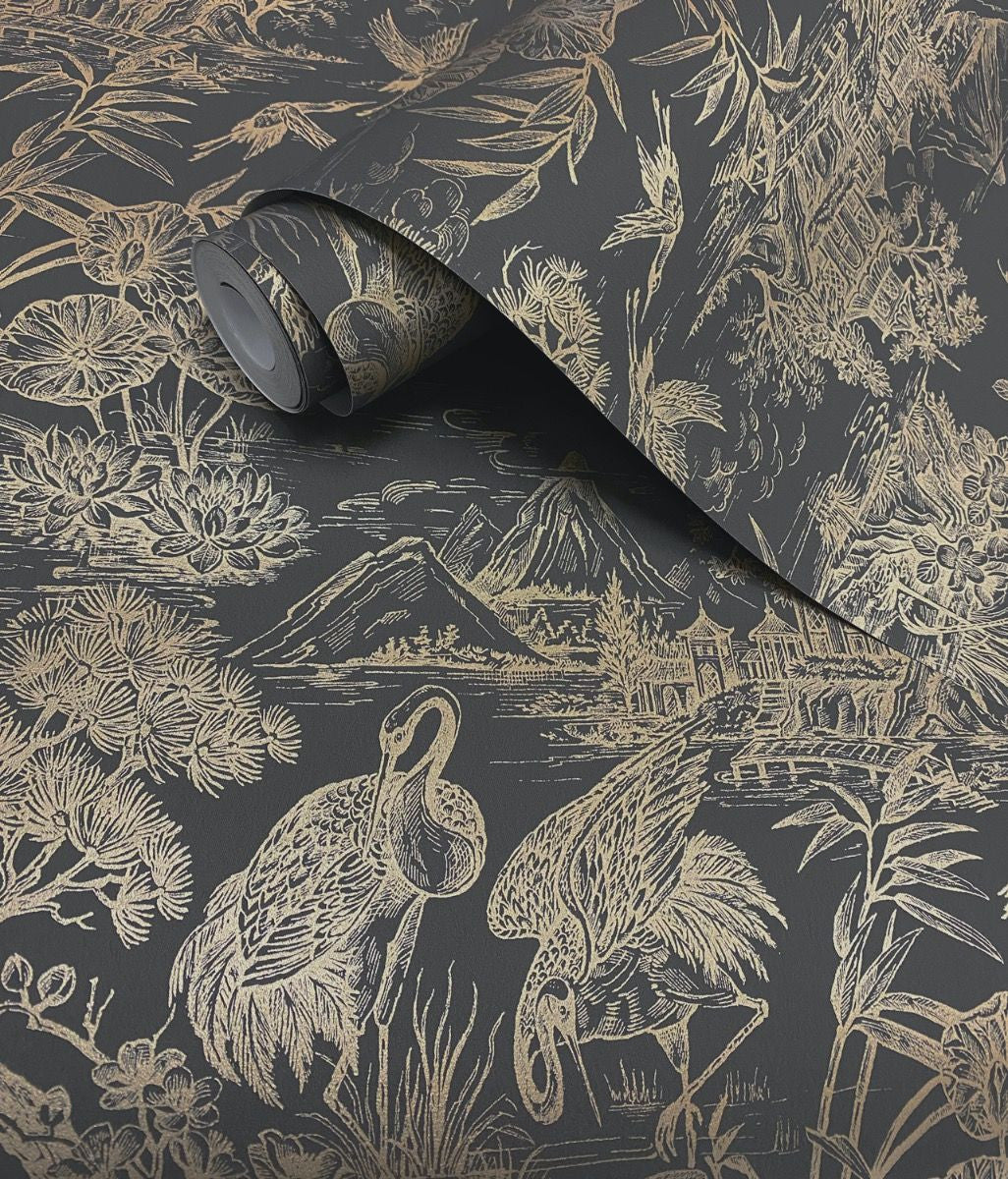 Natoru wallpaper in Charcoal / Gold by Natty & Polly, full pattern view