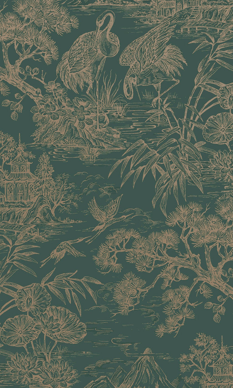 Natoru wallpaper in Aqua / Gold by Natty & Polly, full pattern view