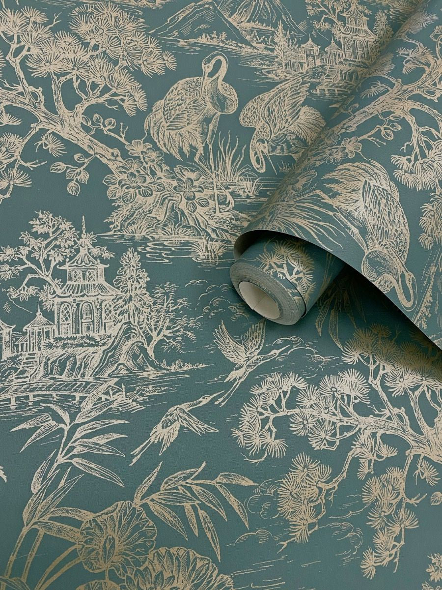 Natoru wallpaper in Aqua / Gold by Natty & Polly, full pattern view