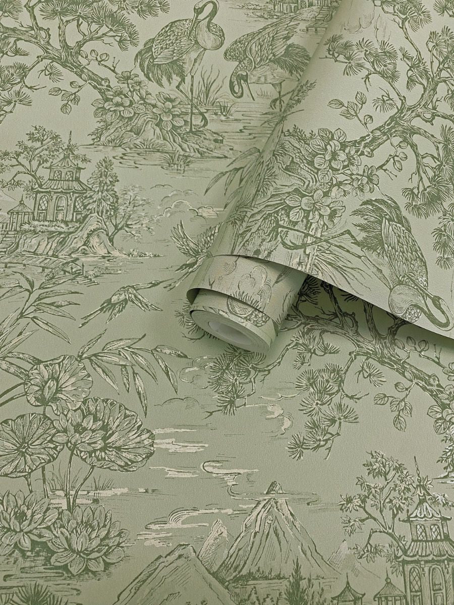 Natoru wallpaper in Sage by Natty & Polly, full pattern view