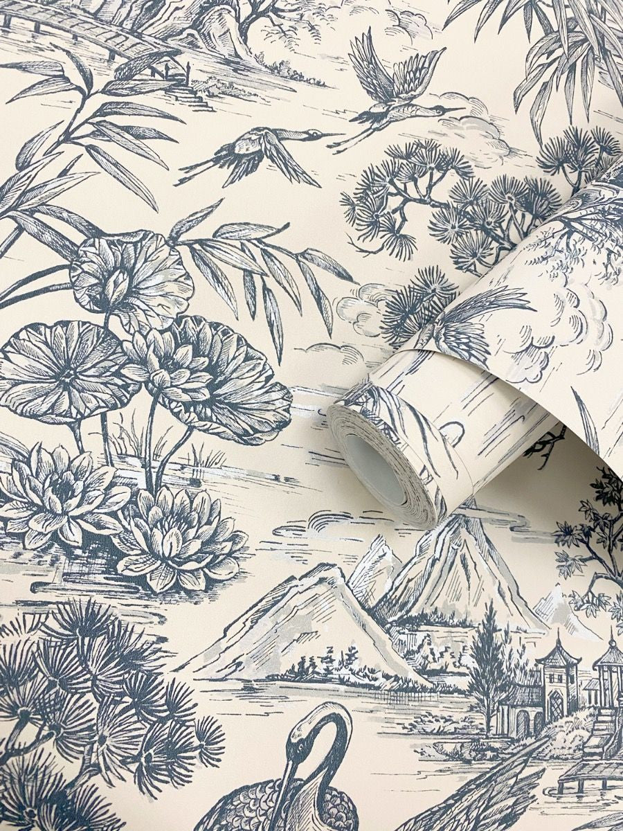 Natoru wallpaper in Navy / Cream by Natty & Polly, full pattern view