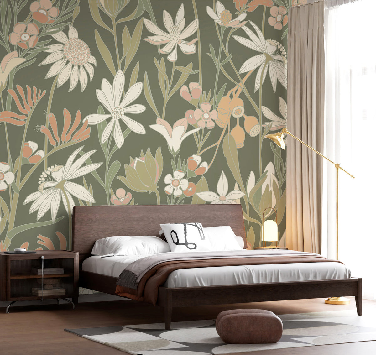 Bushwalk wallpaper mural in Moss by Natty & Polly, Australian native flora and fauna, styled in an interior