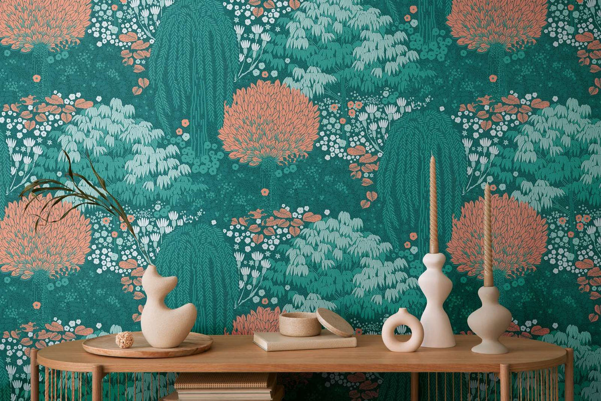 Weeping Tree wallpaper in Green / Orange by Natty & Polly, full pattern view
