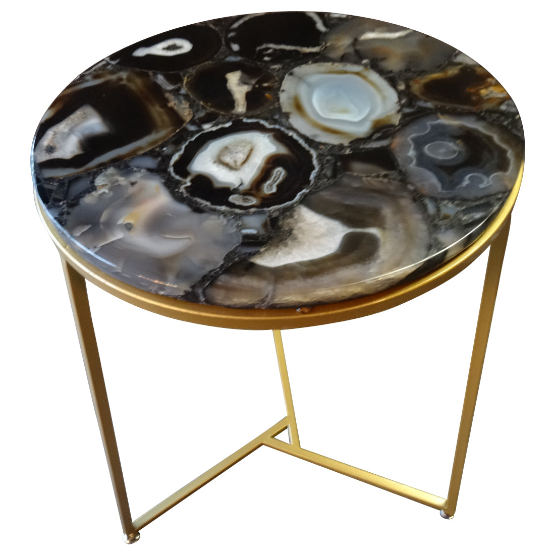 Sudoku Black Monochrome Agate Side Table with Matte Gold Frame, Cocolea, , ,