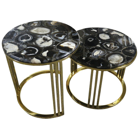 Sudoku Black Monochrome Agate Nestling Table Set with Gold Metal Frame, Cocolea, , ,