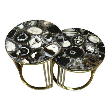 Sudoku Black Monochrome Agate Nestling Table Set with Gold Metal Frame, Cocolea, , ,