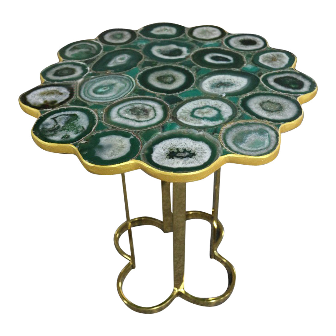 Clover Emerald Green Agate Stone End Table with Gold Metal Base, Cocolea, , ,