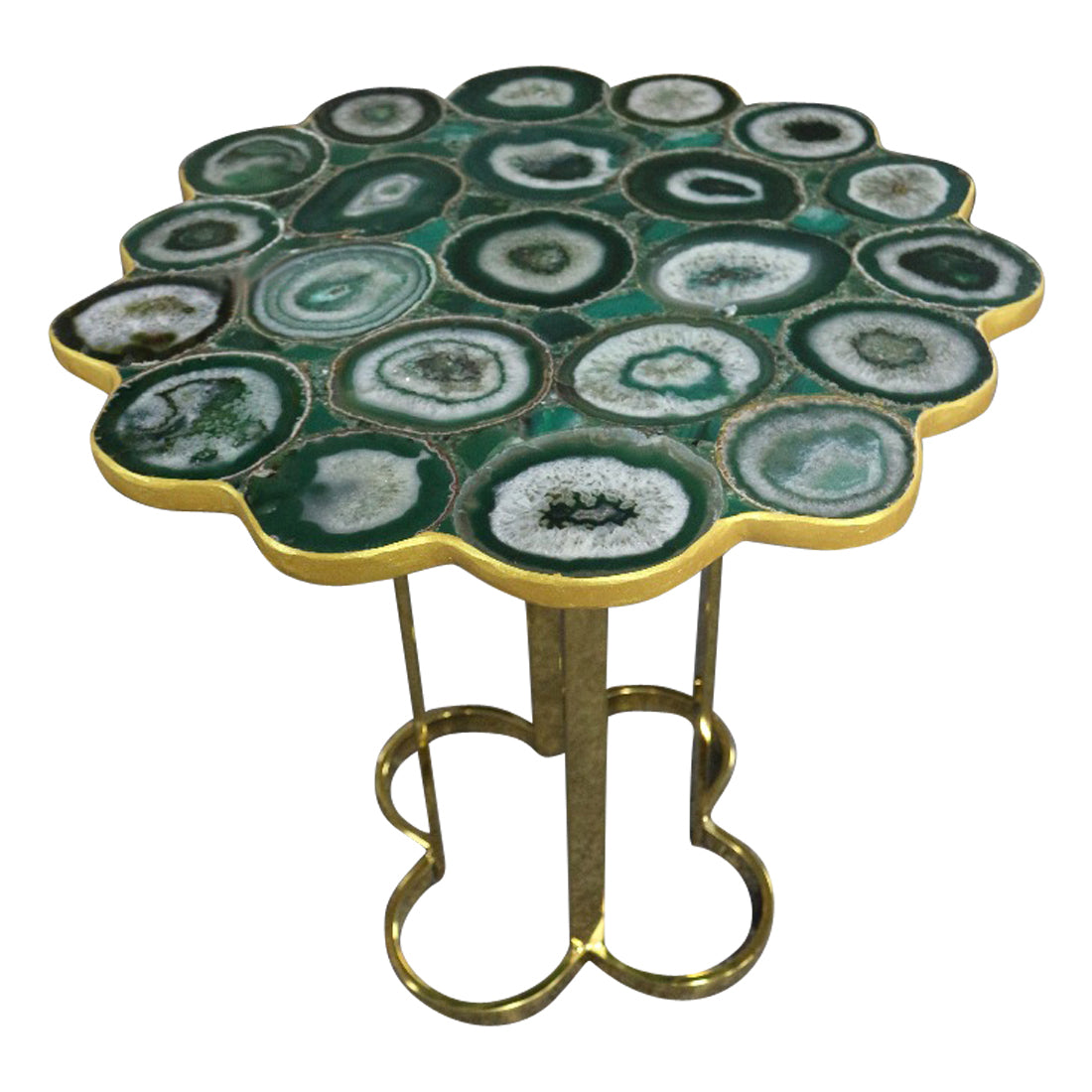 Clover Emerald Green Agate Stone End Table with Gold Metal Base, Cocolea, , ,
