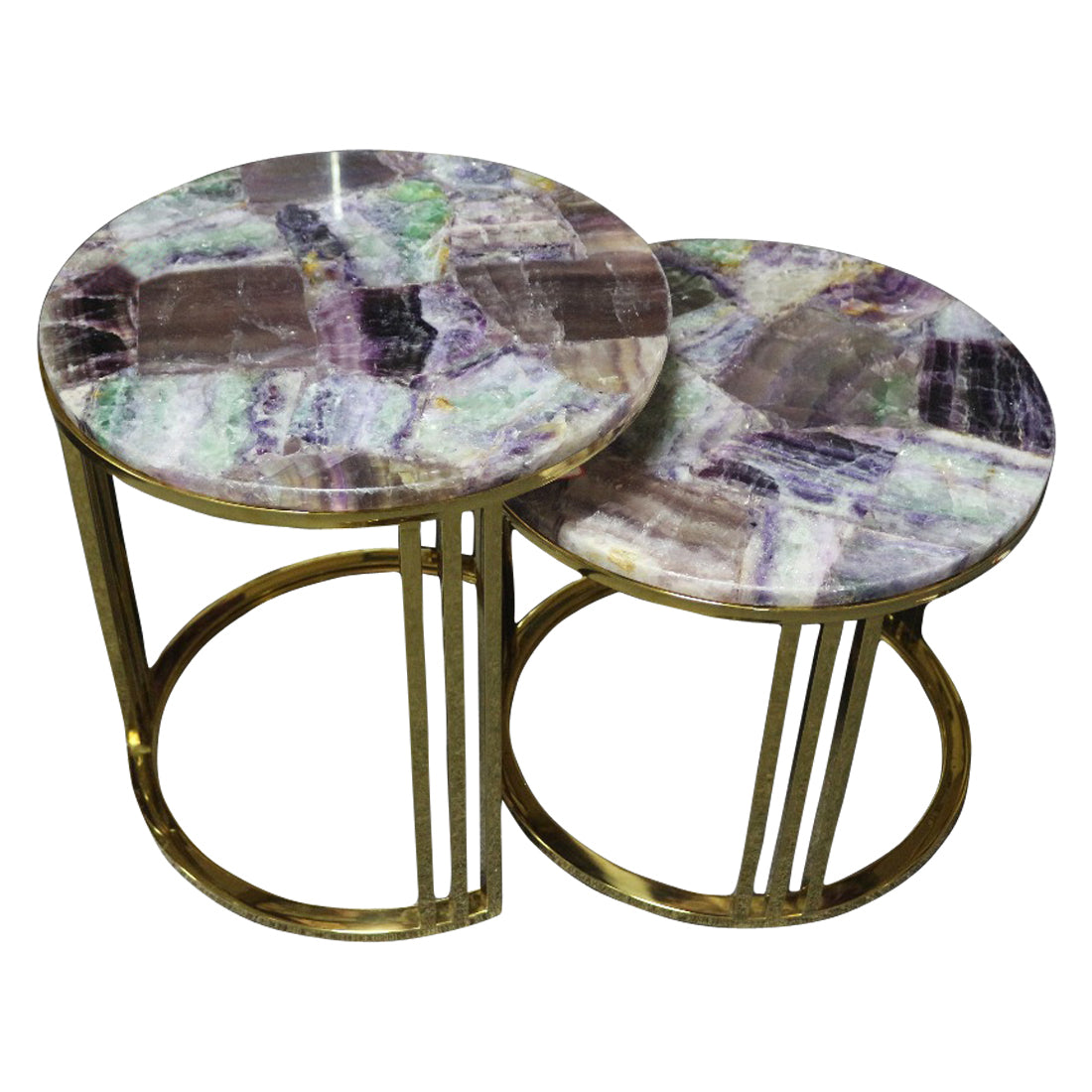 Heliotrope Purple Flourite Stone Nestling Table Set with Gold Metal Frame, Cocolea, , ,