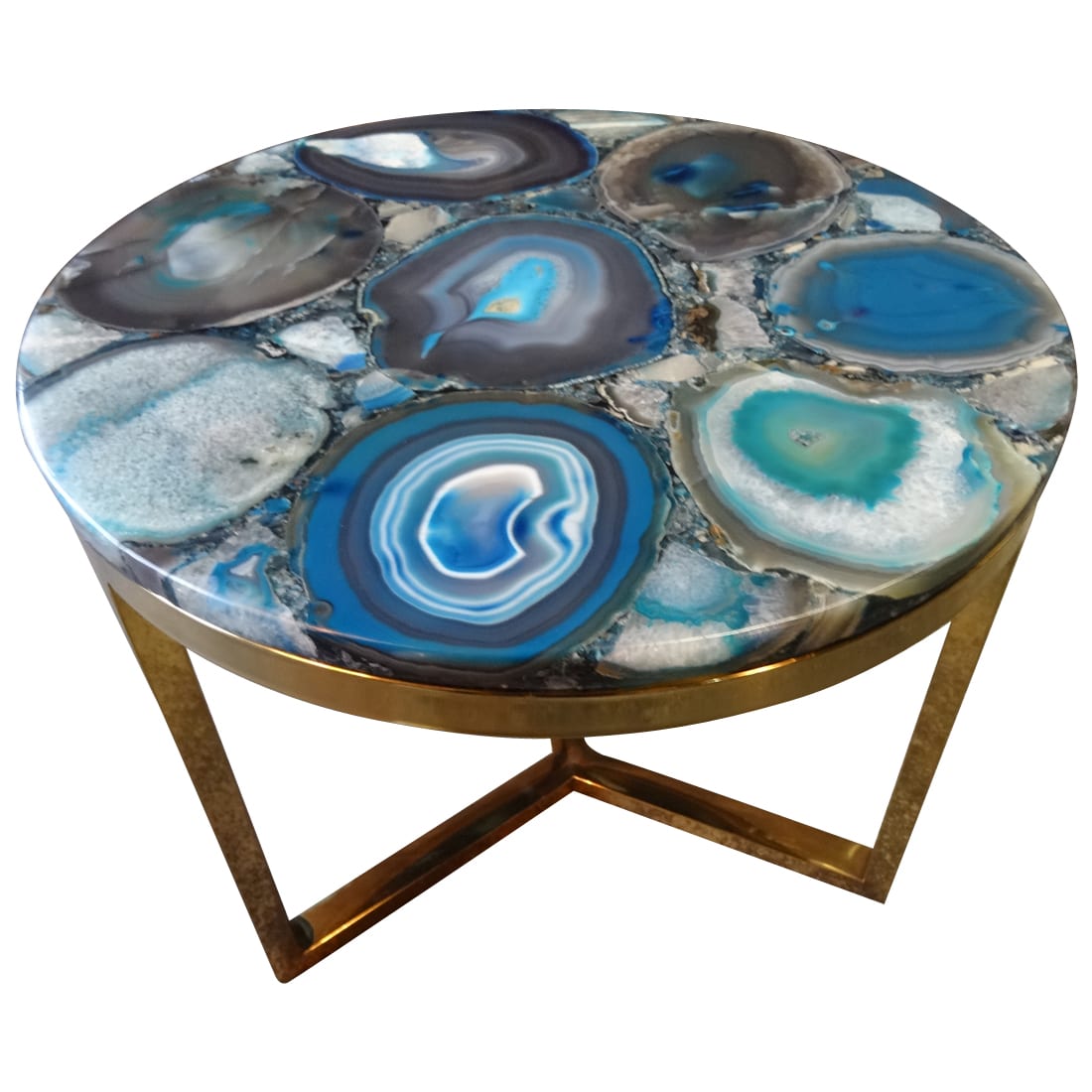 Azzure Teal Blue Agate Nestling Table with Gold Metal Frame, Cocolea, , ,