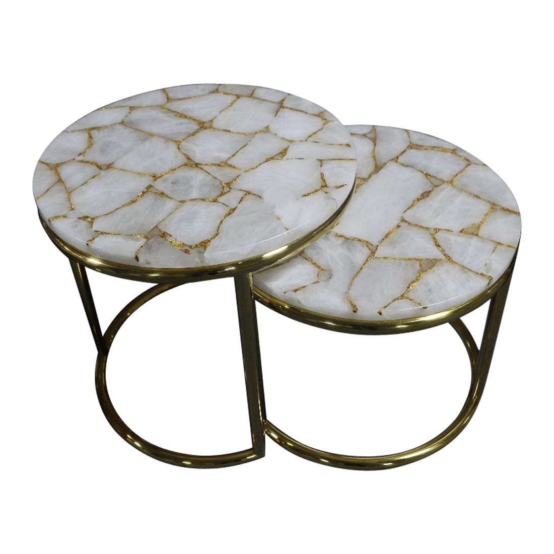 Infinity White Quartz and Gold Leaf Nestling Table Set with Gold Metal Frame, Cocolea, , ,